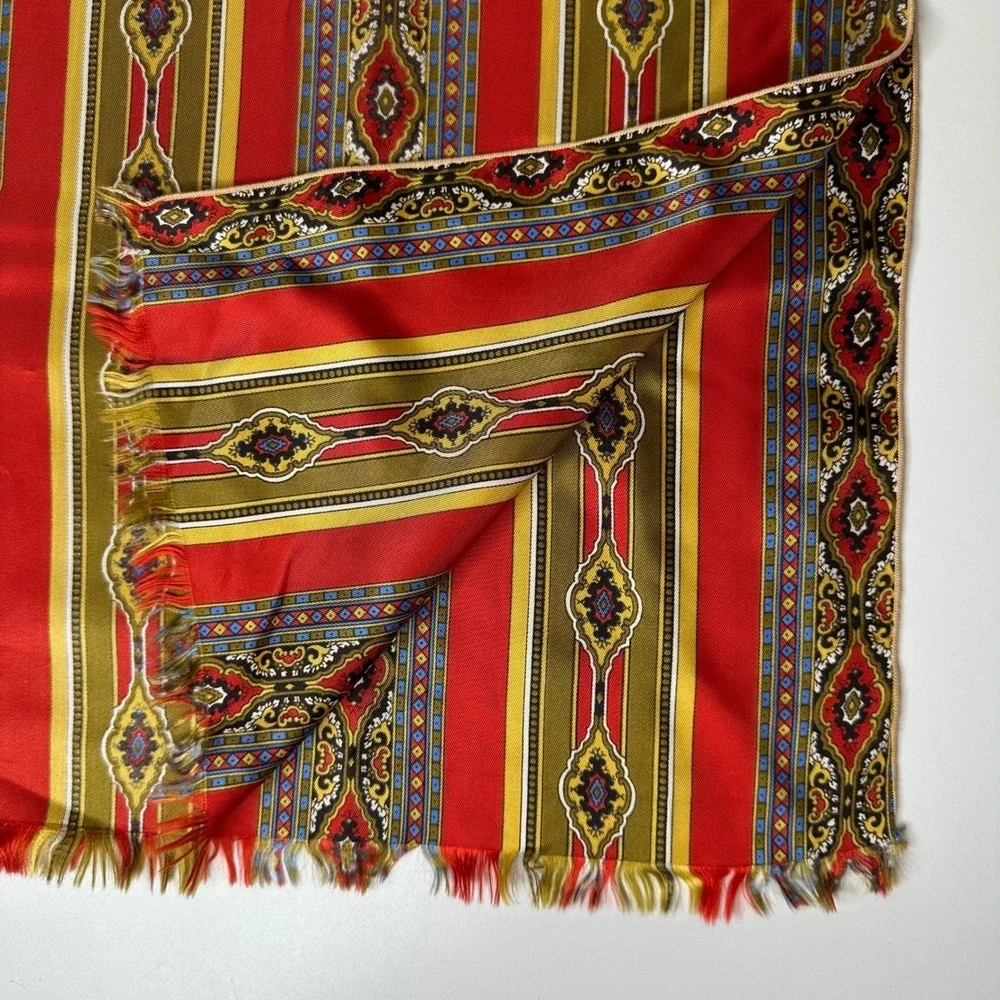 Red‎ Gold Fringed Rectangular Scarf Medallion Striped Silky Wrap 14x60